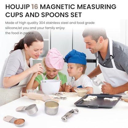 Magnetic Measuring Cups and Spoons Set-Heavy Duty 304 Stainless Steel | Double Measurement Markings,BPA-Free,Set of 16 with Leveler for Measuring Dry and Liquid Ingredients(Khaki) - color: Khaki