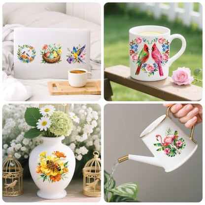 Peacoblue 18 Sheets Rub on Transfers for Crafts, Birds and Flowers 3.6"x3.9" UV DTF Cup Wraps Waterproof Rub on Cold Transfers Stickers for Wood Glass Metal Cup Tumblers Mirrors Mugs Home Decor - style: Birds and Flowers
