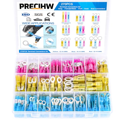 270PCS Heat Shrink Wire Connectors Kit, 22-10AWG | Marine Grade Eyelet Ring Fork Spade Butt Hook Splices Crimp Terminals
