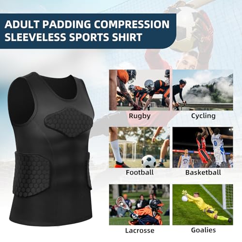 Zicac Men's Sports Shock Rash Guard Compression Padded Shirt Soccer Basketball Protective Gear Chest Rib Guards - color: Black Sleeveless Shirt, size: Large