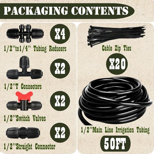 1/2in. Drip Irrigation Tubing - 50FT Drip Line Irrigation System Parts for Garden(Includes 1/2" Straight Connector,Switch Valves, T Connectors, 1/2" to 1/4" Tubing Reducers, Cable Zip Ties) - size: 1/2" Tubing-50FT, style: 1/2 INCH