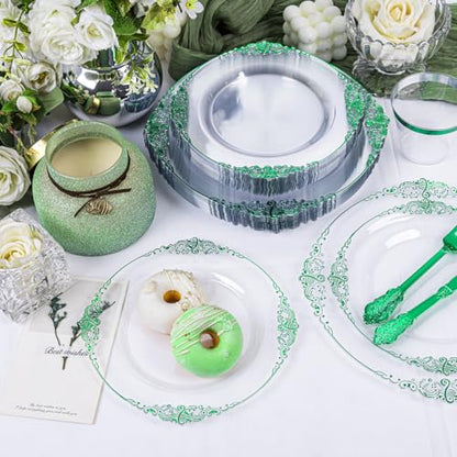 Hioasis 175pcs Clear and Green Plates - Green Party Plates for 25 Guest, Include 50 Heavy-duty Plates(20% Thicker Than Standard), 25 Pre Rolled Gold Plastic Silverware Set, 25 Cups - color: Clear and Green