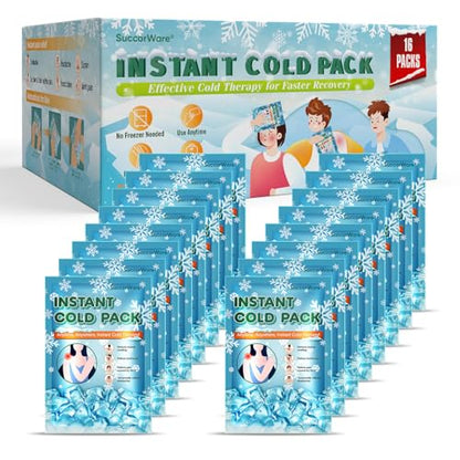 SuccorWare 16 Pack Instant Ice Packs for Injuries(5.9" x 8.6") Disposable Cold Packs for Pain Relief, Swelling, Sprains & Outdoor Activities
