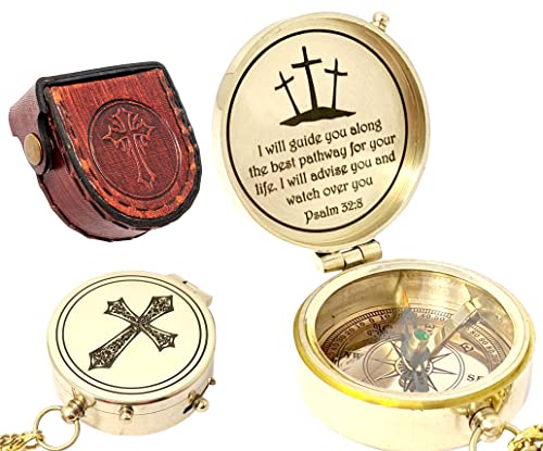 Brass Compass Engraved with Religious Scripture Verse - Ideal Gift for Son, Grandson, Daughter - Perfect for Baptism, Communion, Church and Graduation Day Present - style: Psalm 32:8 - "I Will Guide You Along the Best Pathway"
