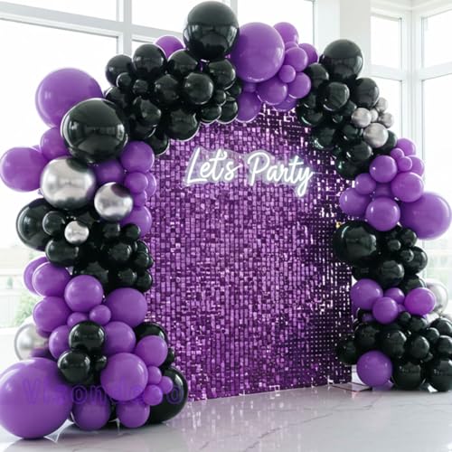 Black and Purple Balloons - 132pcs 18'' 12'' and 5'' Purple Black Balloon Arch Kit with Metallic Silver Balloons for Birthday Party Halloween Graduations Corporate Event and Gaming Night - color: Black and Purple
