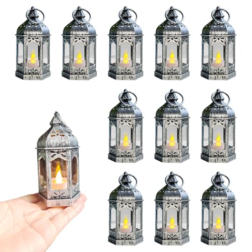 LLQ 12Pcs Mini Silver Lantern with LED Tea Light, Vintage Hanging Moroccan Small Lanterns Decorative, Battery Included, for Ramadan, Wedding, Halloween, Christmas, Diwali Table Centerpiece - color: Brushed Silver