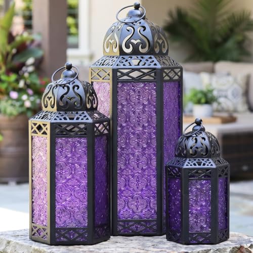 VELA LANTERNS Set of 3 Purple Glass & Black Metal Moroccan Candle Lantern Holders (XL, Large, Small) - Decorative Indoor/Outdoor Decor for Patio, Floor, Weddings & Ramadan - color: Purple
