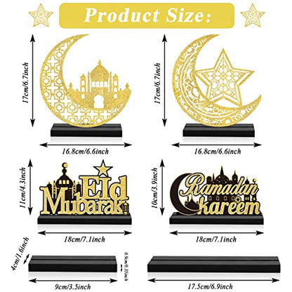 4pcs EID Mubarak Wooden Table Centerpiece Decorations EID Mubarak Wood Tiered Tray Signs Table Decor EID Mubarak Wooden Plaque Ornament Tabletop Signs for EID Ramadan Home Kitchen Gifts Supplies
