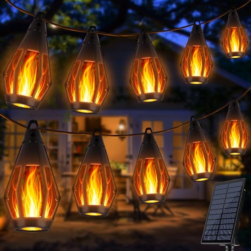iBaycon Solar Flame String Lights, 42Ft 15 LED Bulbs Waterproof, Warm White | Ultra-Real Flickering Flame Lamp Outdoor Waterproof, Solar Patio String Lights for Garden Yard Lawn Decorations - color: Warm White, size: 42FT
