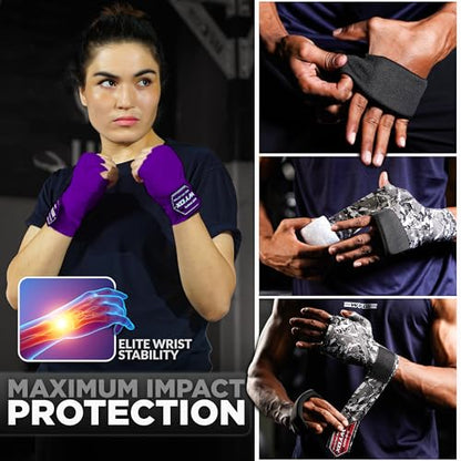 WYOX Boxing Hand Wraps & Gel Knuckle Guards Set for MMA, Muay Thai & Kickboxing - 2 Pair Hand Wraps + 1 Pair Knuckle Guards - Hand Wrist Protection for Men & Women Training - color: Purple/Black