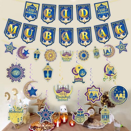 Ramadan Decorations for Home,Blue and Gold Ramadan Eid Mubarak Banner, Hanging Swirls Streamer Bunting for Muslim Islamic Kareem Festival Al-Fitr Iftar Party Favors Supplies