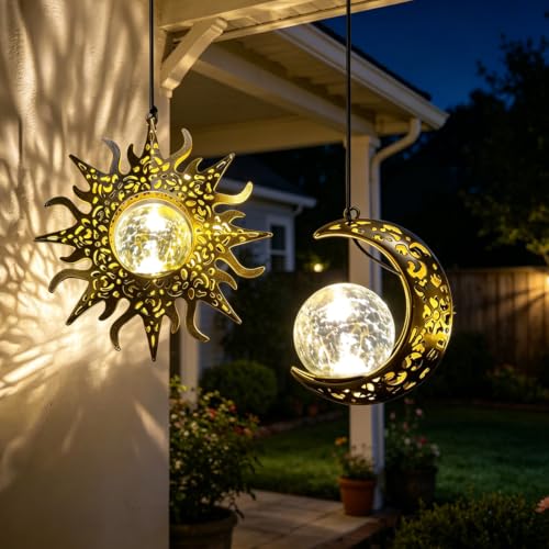 Solar Sun Moon Lanterns Outdooor Waterproof,Hanging Lights Garden Gifts
