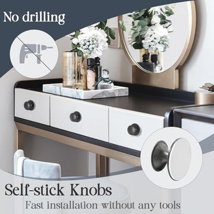 Adhesive Cabinet Knobs 4pcs Grey Self-Stick Knobs Drill Free Dresser Drawer Pulls Stainless Steel Stick On Handles for Medicine Cabinets Drawer Cupboards Glass Sliding Door Terrarium Lid - color: Gray
