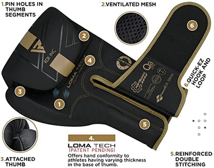 RDX Boxing Gloves, Pro Training Sparring, Maya Hide Leather, Muay Thai MMA Kickboxing, Men Women Adult, Heavy Punching Bag Focus Mitts Pads Workout, Ventilated Palm, Multi Layered, 8 10 12 14 16 18 Oz - color: GOLDEN, size: 14 OZ