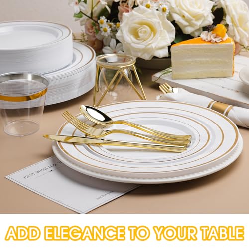 350 PCS White and Gold Plastic Dinnerware Set for 50 Guests - color: Gold, size: 350 PCS