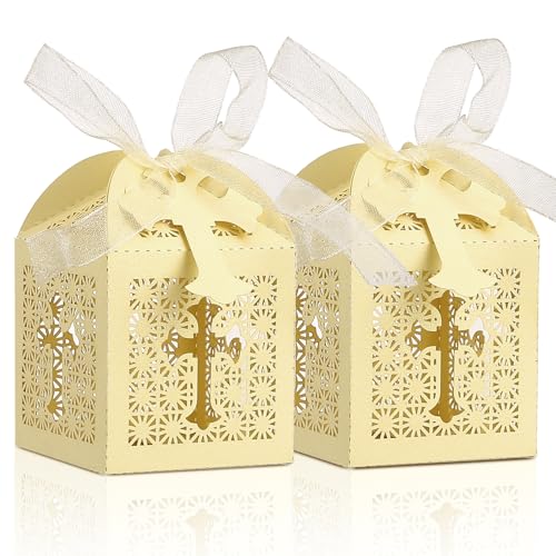 Yinsun 50 PCS Laser Cut Wedding Favor Boxes, 2x2x2 Inch Gift Boxes | Bulk Party Favors, With Ribbon and Tags, For Weddings, Baby Showers, Birthday - color: Gold