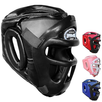 Farabi Sports Boxing Headgear Grill Head Gear MMA Training Kickboxing Sparring Gear Removable Front Bar Grill - color: Black, size: Medium