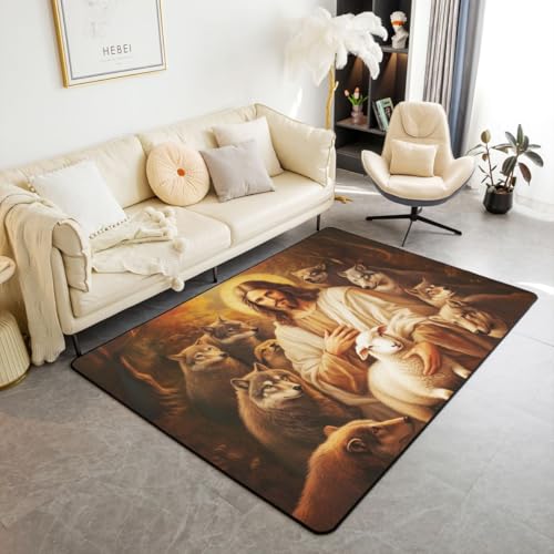 Manfei God Sheep Wolf Kids Area Rug,Western Bible Verse Indoor Floor Mat Entrance Rug for Girls Boys,Faith-Inspired Lamb Theme Non Slip Rug,Black Brown Couch Living Room Decor,3'x5' - color: Black Brown, size: 3'3" x 4'11" (Rectangular)