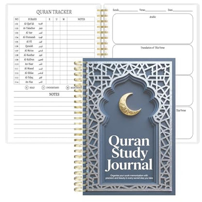 Premium Quran Study Journal - A5 Spiral Bound Islamic Reflection Notebook with 120 Pages 100gsm Thick Paper - Arabic & Translation Tracker for Daily Quranic Study, Memorization & Ramadan Gifts (Navy Crescent) - color: Navy Crescent