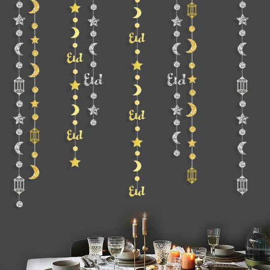 Gold Silver Paper Star Moon Dot Eid Garlands Birthday Party Decorations Hanging Crescent Twinkle Little Star Streamer Bunting Banner for Islamic Holiday Ramadan EID Mubarak Baby Shower Party Supplies - color: Gold Silver