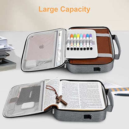 FINPAC Large Bible Cover w/Shoulder Strap, Carrying Book Case Church Bag Bible Protective w/Pen Slots and Zippered Pocket, Gift for Women Lady, Gray - color: Gray