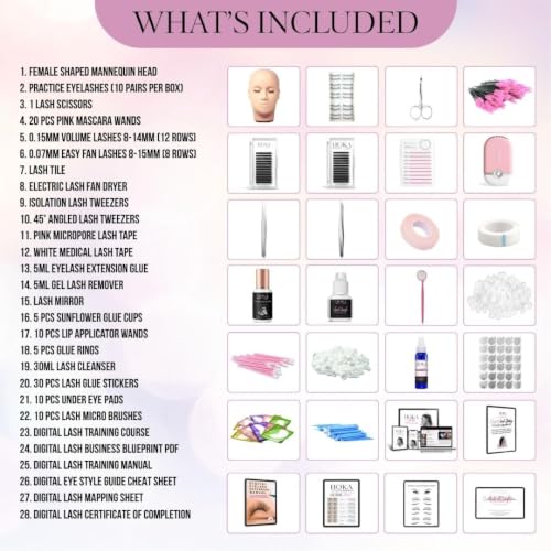 Hoka Lash Eyelash Extension Kit & Training Course and Certification, Professional Lash Extension Kit for Beginners Includes Practice Mannequin Head, Lash Trays, Glue, Tweezers, Fan & More