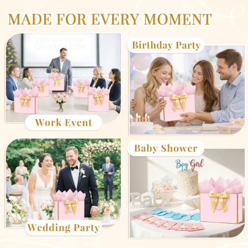 ANZNKU 2PCS Gift Bags for Women 12.6" Medium Pink Gift Bags with Handles 4 Tissue Paper 2 Ribbons 2 Cards, Cute Bag for Gifts Wedding Favors Birthday Engagement Bridal Baby Shower Party Presents - color: Soft Pink