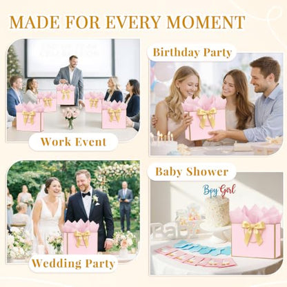 ANZNKU 2PCS Gift Bags for Women 12.6" Medium Pink Gift Bags with Handles 4 Tissue Paper 2 Ribbons 2 Cards, Cute Bag for Gifts Wedding Favors Birthday Engagement Bridal Baby Shower Party Presents - color: Soft Pink