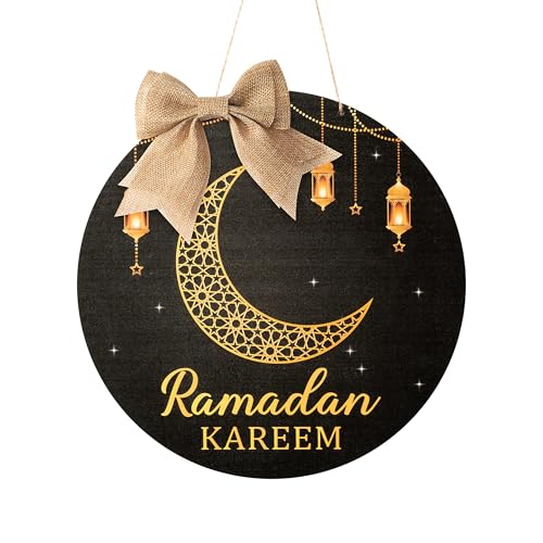 L1rabe Ramadan Kareem Hanging Ornament - Eid Mubarak Wreath Wooden Hanging Door Sign Decorations Islam Mubarak Moon Black Gold Home Wall Door Window Decor Ramadan Kareem Party Supplies (Eid Style) - color: Black Gold