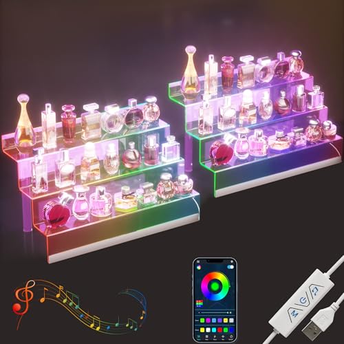 16" Acrylic Display Organizer with LED, Perfume Organizer for Women, 2 Pack | 3-Tier Cologne Organizer for Men, Perfume Stand and Display Step Shelves Holder, Clear Riser, Figures Stand, Dessert Shelf