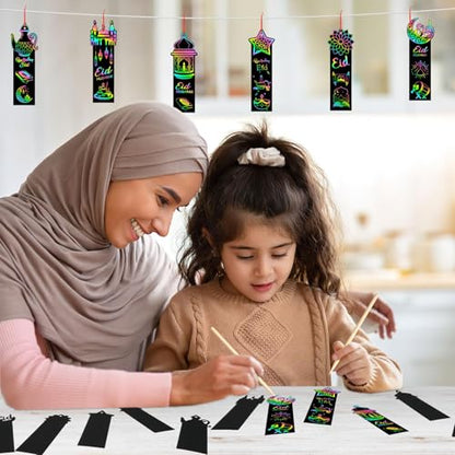 JUNEBRUSHS 30Pcs Ramadan Crafts, Rainbow Magic Ramadan Scratch Bookmarks for amadan Gifts Eid School Classroom Activities Ramadan Arts and Crafts Eid Party Favors - style: Ramadan Style