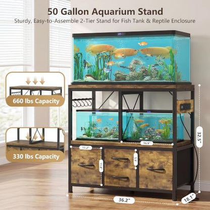 Heybly 40-50 Gal Fish Tank Stand with Drawer, Power Outlet, Rustic HAS004SR | Aquarium Stand, Heavy Duty, for Fish Tank, Turtle & Reptile Terrarium, 36.2" L × 18.1" Top, 660lbs (Top)+330lbs(Mid) - color: Rustic Brown, size: 40-50 gal