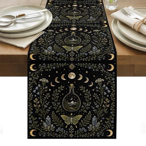 Whimsical Lunar Table Runner Butterfly Floral Moonphases Quartzcrystals Black Kitchen Table Runner for Dining Room Home Party Decor 13x36 Inch - size: 13"W x 36"L (Pack of 1)