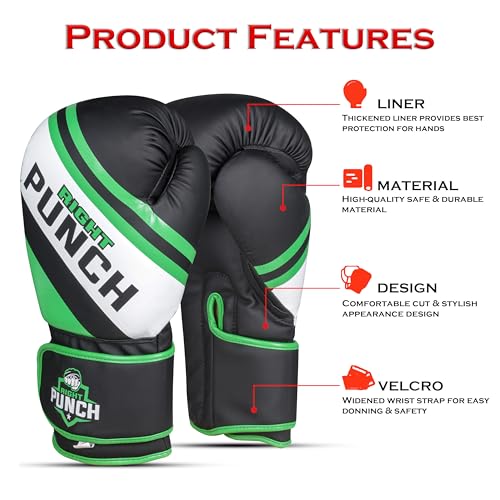 Boxing Gloves for Men & Women – Faux Leather Muay Thai, Kickboxing, MMA & Sparring Gloves – Training Heavy Bag Gloves with Secure Wrist Strap & Thumb Lock – 2 4 6 8 10 12 14 16oz - color: GREEN/BLACK, size: 10 OZ