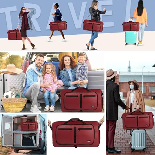 Fmeida 65L Duffle Bag with Shoes Compartment, Foldable Travel Duffel Bags for Men Women, Large Packable Travel Bag Water Repellent & Tear Resistant (Red) - color: Glossy Red