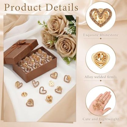 Tondiamo 50 Pcs Heart Brooch Pins, 1.5cm Rhinestone Heart Lapel Pins Small Hollow Crystal Brooches for Award Alloy Scarf Ring for Dress Hat Scarf Bag Pocket Clothing Wedding Party Bulk Gifts - color: Bronze