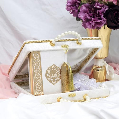 Modefa Islamic Luxury Pearl Islamic Gift Set - Holy Quran in Arabic - Velvet Box with Quran, Hijab, Tesbih, & Bookmark (White) - color: White