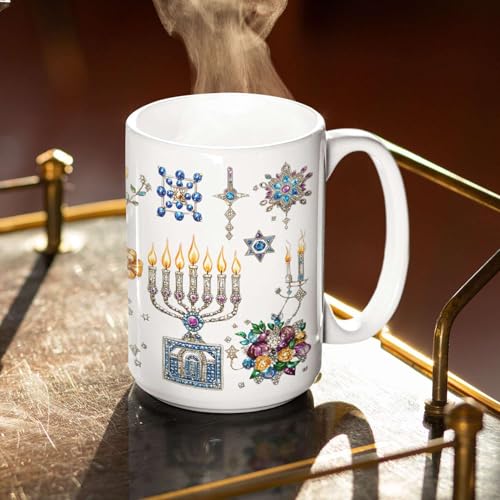 Personalized Hanukkah Coffee Mug 11oz 15oz, Custom Name White Cup, Sparkling Menorah Candles And Star Of David Full Wrap Mug, Customized Festive Ceramic Cup, Gift For Family Members - color: XUA-1124-3655-Hanukkah Mug