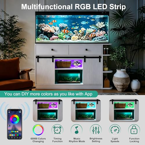 55-75 Gallon Aquarium Stand with Power Outlet & LED Light, Heavy Duty Fish Tank Stand with Sliding Barn Doors, Storage Cabinet for Turtle Tank & Reptile Terrarium, 1200LBS (White-2) - color: White-2