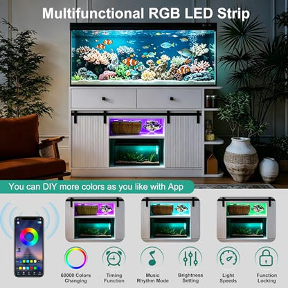 55-75 Gallon Aquarium Stand with Power Outlet & LED Light, Heavy Duty Fish Tank Stand with Sliding Barn Doors, Storage Cabinet for Turtle Tank & Reptile Terrarium, 1200LBS (White-2) - color: White-2