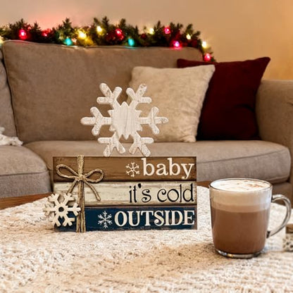 4 Pcs Winter Home Decor Winter Table Decorations Christmas Tiered Tray Decor Centerpiece Decorations Indoor Rustic Wooden Snowflake Block Sign Gift Farmhouse for Kitchen Shelf - style: Snow