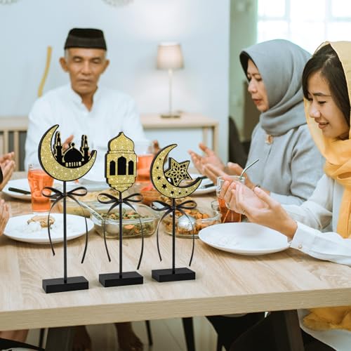 3 Pieces Ramadan Decorations Eid Mubarak Table Decor Wooden Set, Islamic Ramadan Tiered Tray Decor for Muslim Party Tabletop Decor Home (Shiny) - style: Ramadan Shiny