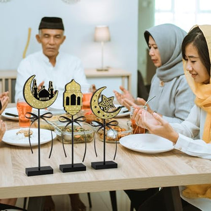 3 Pieces Ramadan Decorations Eid Mubarak Table Decor Wooden Set, Islamic Ramadan Tiered Tray Decor for Muslim Party Tabletop Decor Home (Shiny) - style: Ramadan Shiny