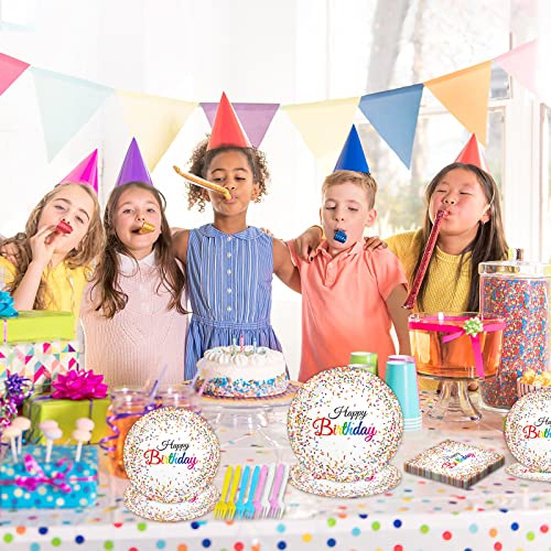 96 Pieces Happy Birthday Plates and Napkins Party Supplies for Confetti Sprinkles Theme Table Decorations Pastel Birthday Party Tableware Donut Paper Plates Napkins Forks Favors for 24 Guests. - style: Confetti Sprinkles