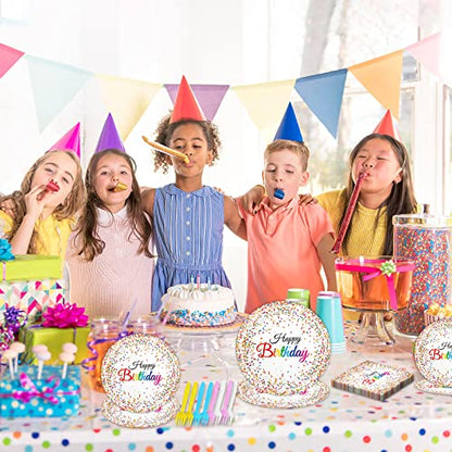 96 Pieces Happy Birthday Plates and Napkins Party Supplies for Confetti Sprinkles Theme Table Decorations Pastel Birthday Party Tableware Donut Paper Plates Napkins Forks Favors for 24 Guests. - style: Confetti Sprinkles