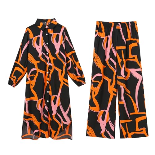 IDOPIP Abaya Dress for Women Muslim Set Long Sleeve Ramadan Islamic Dress Shirt with Pants 2PCS Dubai Prayer Casual Clothes - color: Black - Print, size: Large