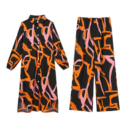 IDOPIP Abaya Dress for Women Muslim Set Long Sleeve Ramadan Islamic Dress Shirt with Pants 2PCS Dubai Prayer Casual Clothes - color: Black - Print, size: Large