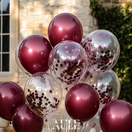 AULE Party Balloons Pack of 42 - Metallic Burgundy Balloons and Confetti Latex Helium Balloons With 64ft Ribbons - 12 Inch Mroon Chrome Balloon Decoration Set - color: Burgundy