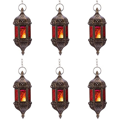6 Pcs Hanging Hexagon Decorative Moroccan Candle Lantern Holders, Handmade Hanging Tea Light Holder in Bronze Metal & Red & Purple Glass Gift & Decor Items | Hexagon Metal Frames, Red & Purple & Yellow Glass Panels, Handmade Look, for Weddings, Parties, D