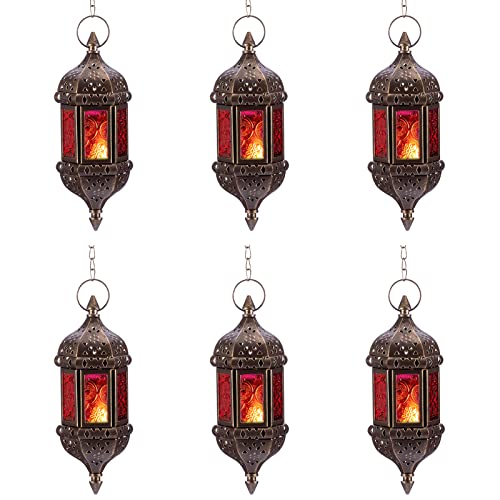 6 Pcs Hanging Hexagon Decorative Moroccan Candle Lantern Holders, Handmade Hanging Tea Light Holder in Bronze Metal & Red & Purple Glass Gift & Decor Items | Hexagon Metal Frames, Red & Purple & Yellow Glass Panels, Handmade Look, for Weddings, Parties, D